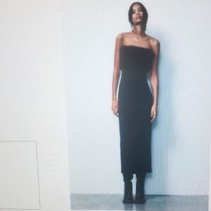 Elegant Black Strapless Dress straight neckline and faux fur appliqué detail.